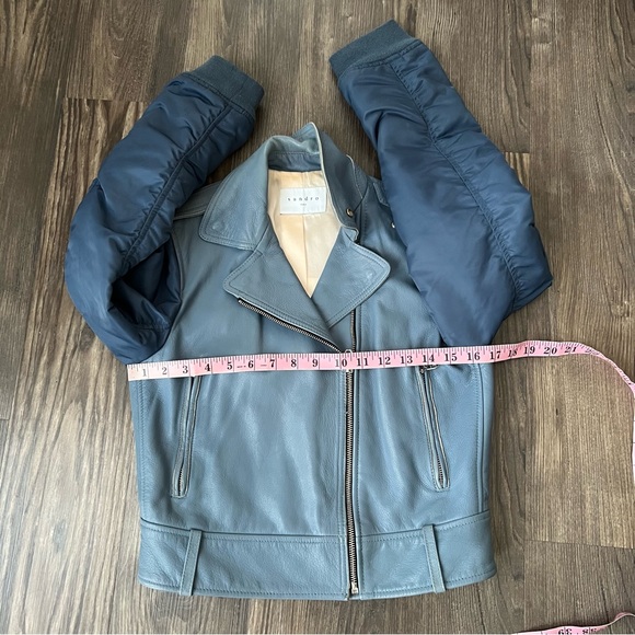 Sandro Blue Goat Leather Coat Biker Moto Bomber Jacket with Pleated Sleeves - Picture 14 of 16